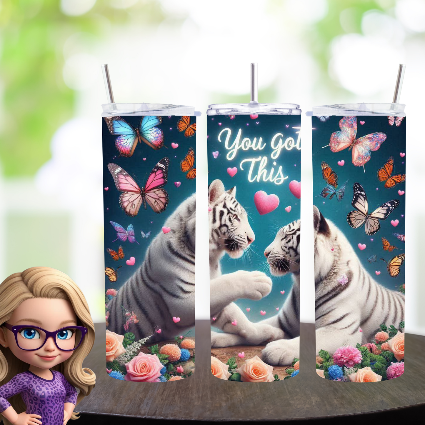 White Tiger Love Tumbler – Insulated 20oz Skinny Cup with Butterflies & Flowers for Daily Motivation