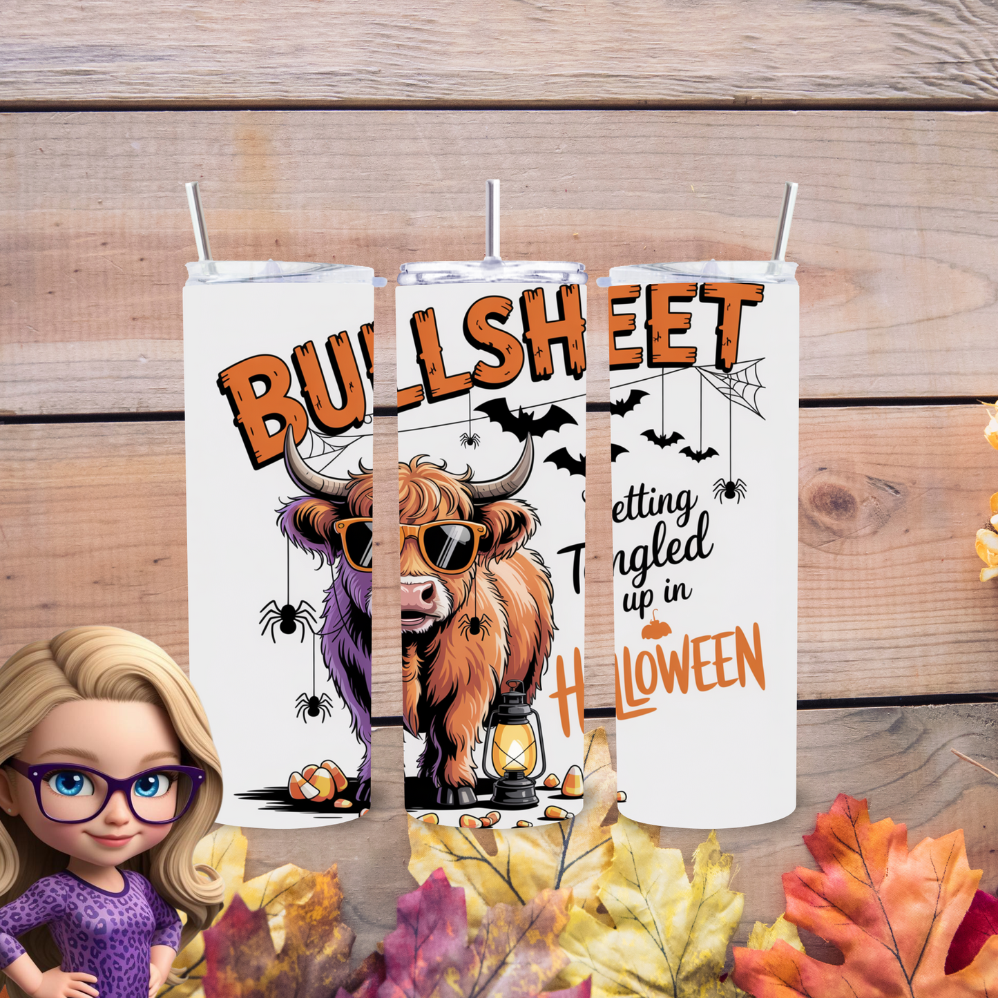 Bullsheet Highland Cow 20oz Skinny Tumbler, Tangled in Halloween, Funny Spooky Season Physical Tumbler for Cow Lovers