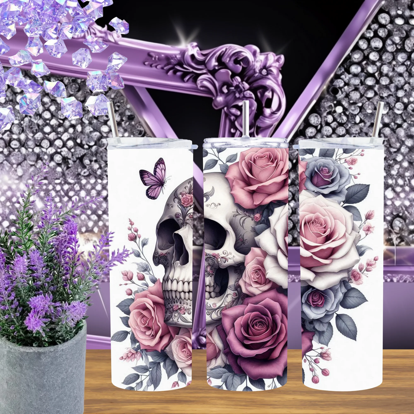 Rose Butterfly Skull 20oz Tumbler Pink Floral 30oz Cup Gothic Botanical Drinkware Edgy Gift for Her Tattoo Art Mug by Marie Gems