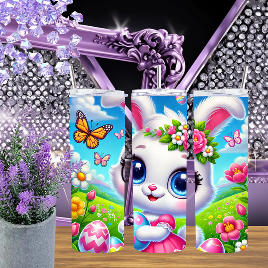 Whimsical Easter Bunny 20oz Tumbler With Floral Crown Butterflies Easter Eggs Drinkware Spring Gift For Kids by Marie Gems