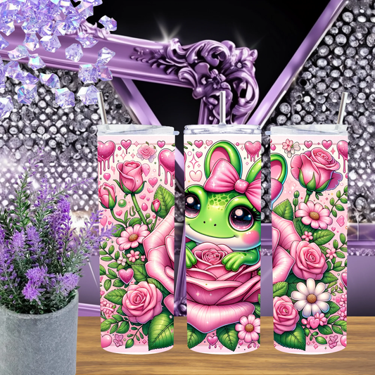Playful Frog Rose 20oz Tumbler • Pink Floral 30oz Cup • Whimsical Garden Friend Drinkware • Cute Frog Gift for Her • Botanical Aesthetic Mug by Marie Gems