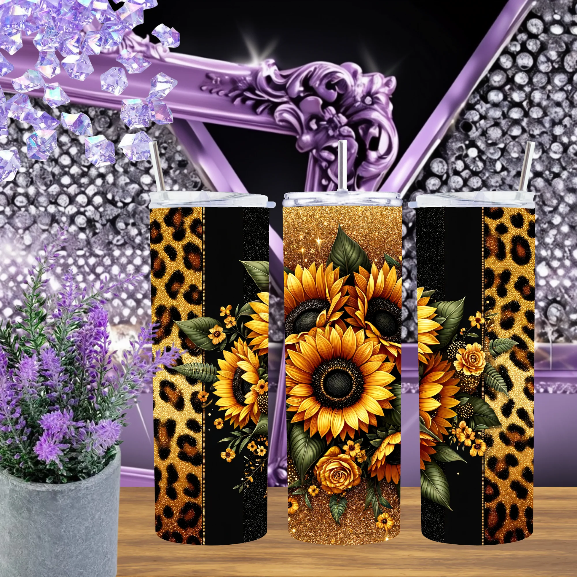 Western Leopard 20Oz Tumbler And Gold Glitter Sunflower 30Oz Cup Set Animal Print Drinkware Luxe Cowgirl Gift For Her by Marie Gems