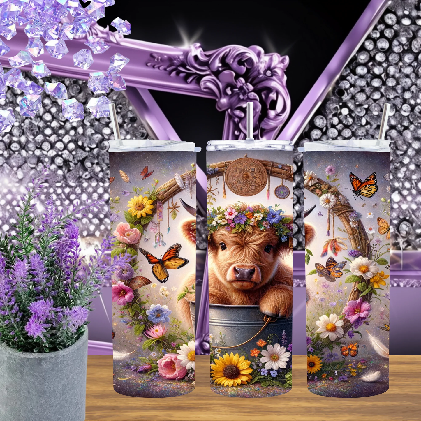 Boho Highland Cow 20oz Tumbler With Dreamcatcher Butterflies Sunflowers Wildflower Floral Drinkware Gift by Marie Gems