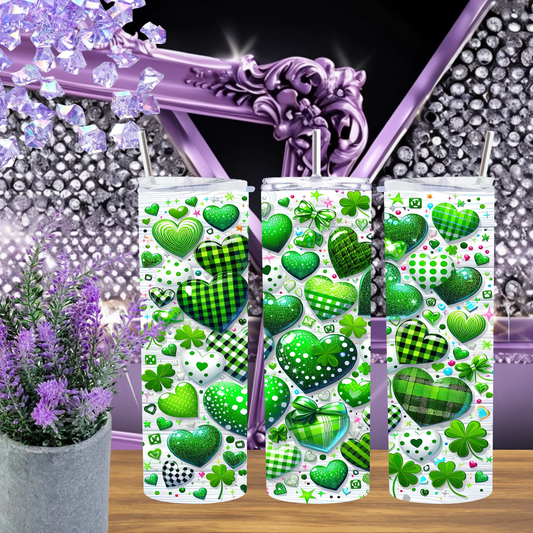 Green Glitter Heart 20oz Tumbler For St Patrick Day Shamrock Gingham Drinkware Lucky Clover Gift by Marie Gems
