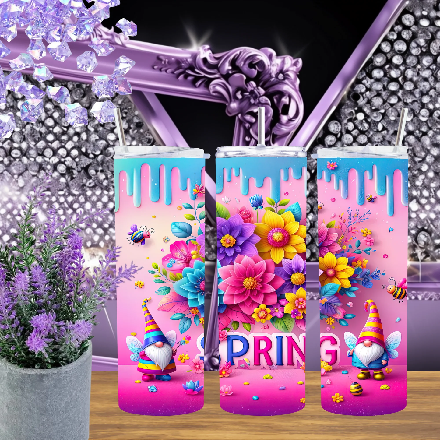 Spring Gnome 20oz Tumbler With Pink Floral Design Whimsical Garden Friend Drinkware Gift For Her by Marie Gems