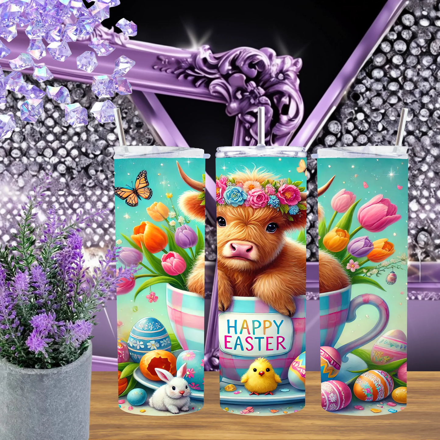 Easter Highland Cow 20oz Tumbler and 30oz Cup Set in Tulip Spring Floral Drinkware with Cute Calf Gift by Marie Gems