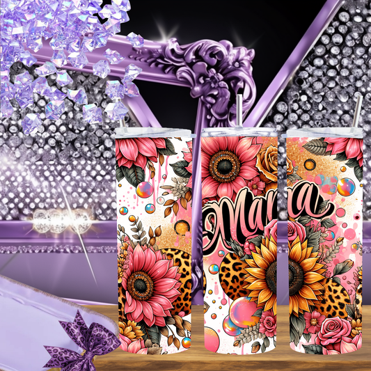 Mama Tumbler 20 oz – Leopard Sunflower Pink Floral Tumbler for Mom, Bold Skinny Cup with Lid & Straw, Mother’s Day Gift Idea