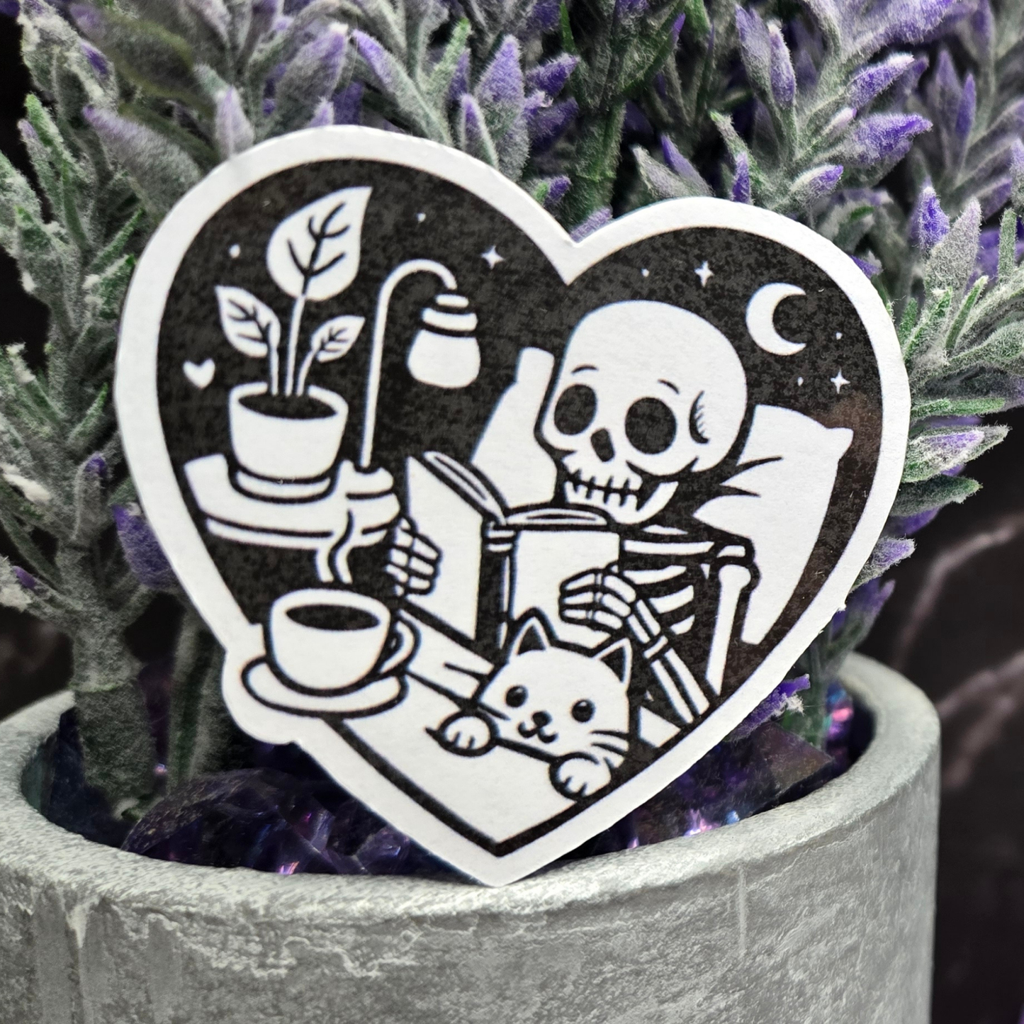Cozy Skeleton Reading Sticker - Spooky Book Lover & Cat Friend Decal - Gothic Comfort Scene