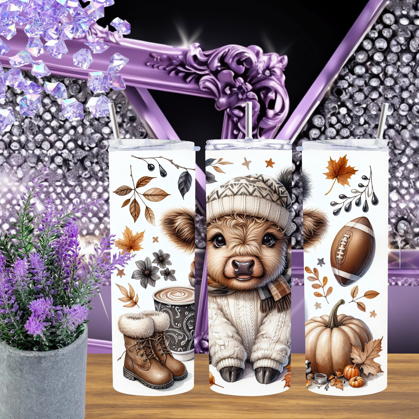 Cozy Highland Cow Autumn Fall 20oz Skinny Tumbler, Baby Cow in Beanie, Pumpkin Spice Season, Football Season, Fall Aesthetic Gift for Her