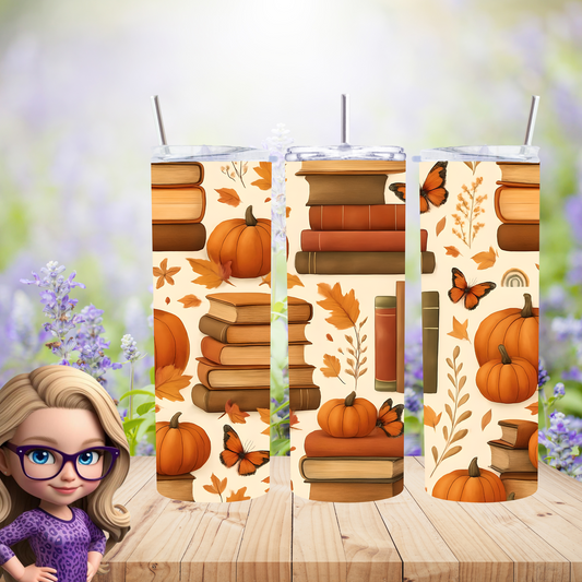 Autumn Books 20oz Skinny Tumbler, Fall Pumpkin and Butterfly Design, Book Lover Gift, Fall Aesthetic Drinkware, Physical Tumbler