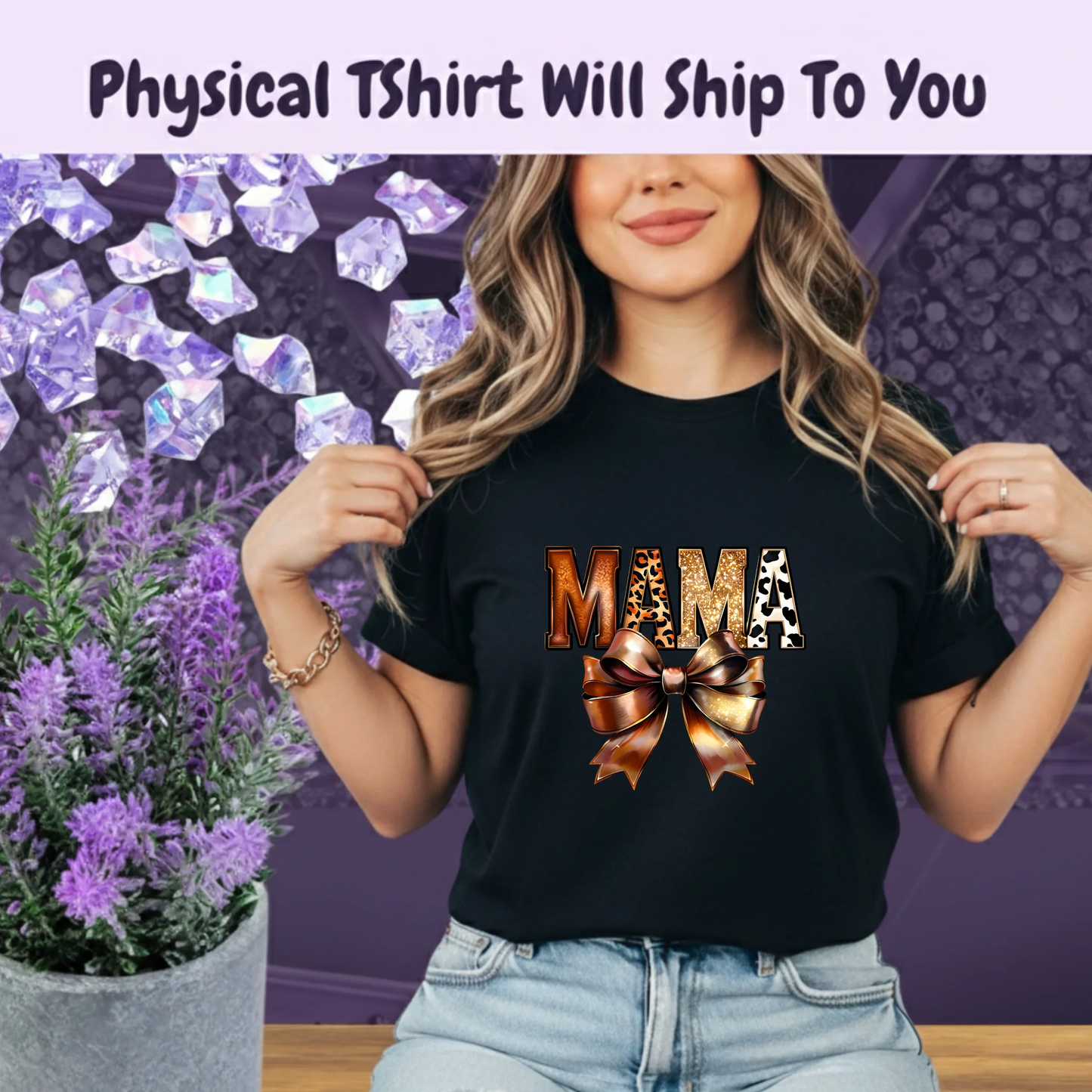 Western Mama T Shirt Leopard Print Gold Glitter Bow Boho Tee For Cowgirl Moms And Rodeo Lovers by Marie Gems