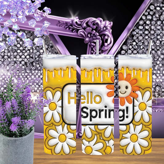 Hello Spring Tumbler 20 oz – Daisy Floral Skinny Tumbler with Honey Drip Design, Double Wall Insulated Cup with Straw, Spring Gift for Her