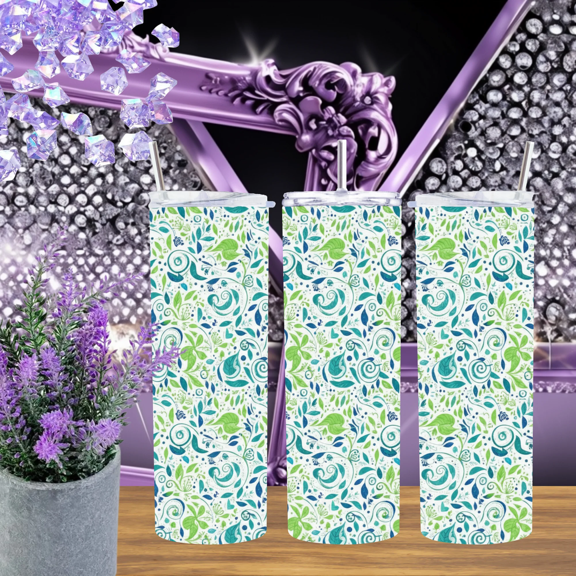 Floral Scroll 20 Oz Tumbler Teal Lime Green Botanical Drinkware Stainless Steel Cup Boho Vine Pattern Gift by Marie Gems