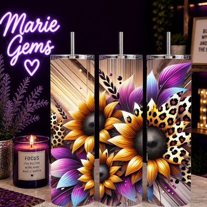 Purple Sunflower Handmade 20 oz Stainless Steel Tumbler showing purple sunflower 20oz tumbler - leopard print gift for her artwork with insulated stainless steel tumbler, reusable