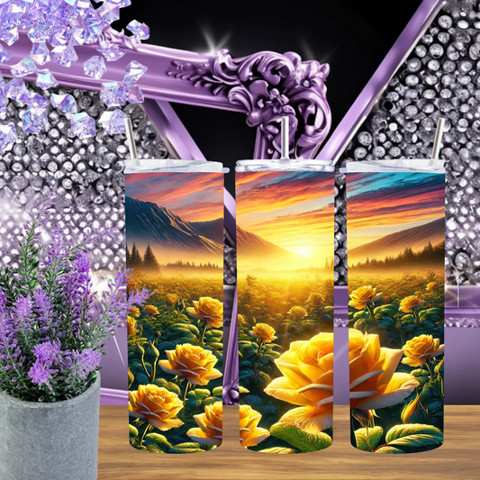 Golden Rose Sunset 20oz Tumbler Mountain Valley Inspired Yellow Flower Landscape Drinkware Aesthetic Horizon Nature Gift by Marie Gems