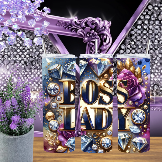 Diamond Boss Lady 20 Oz Tumbler Luxe Purple Gold Lettering Drinkware Career Motivation Gift Sparkle Gemstone Mug by Marie Gems