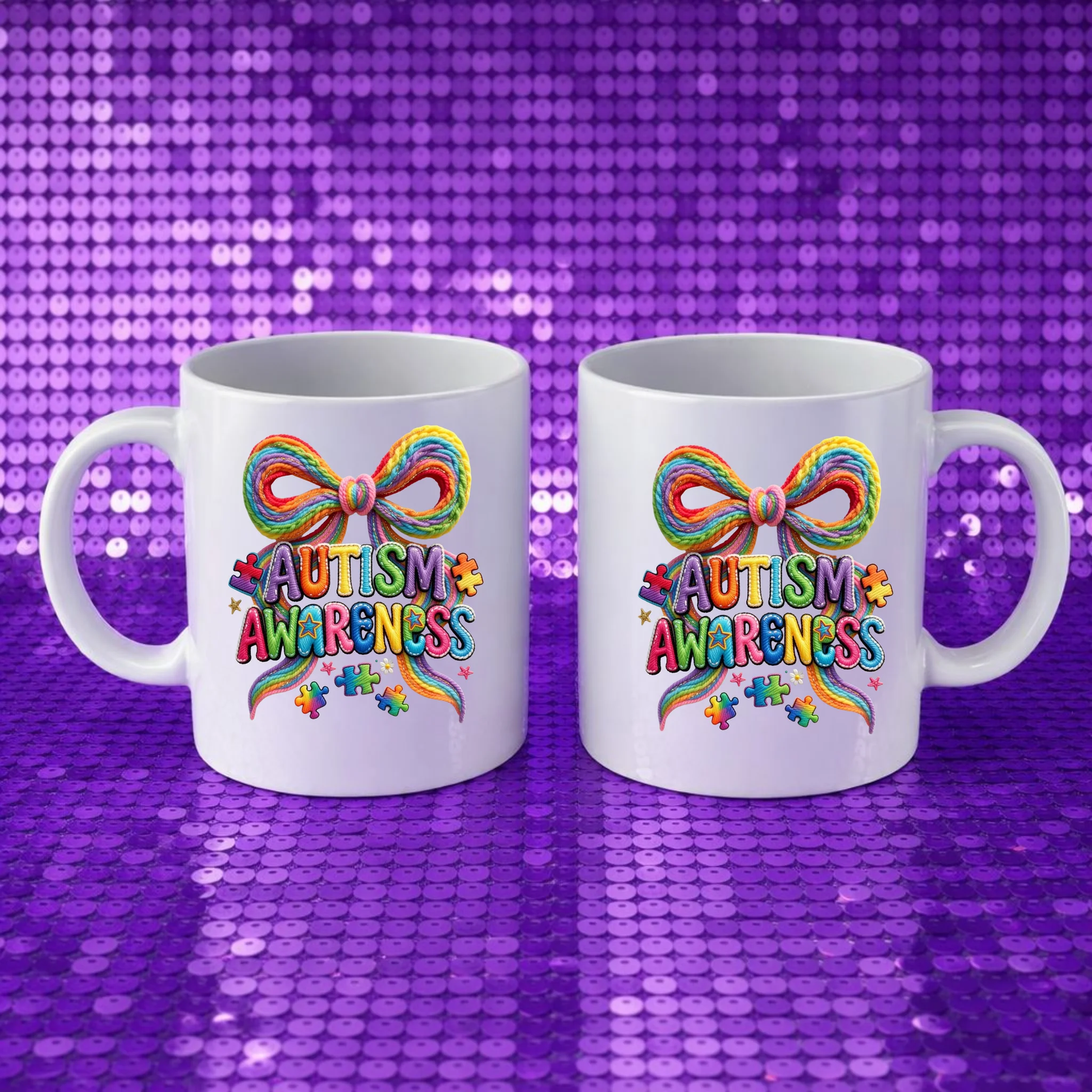 Autism Awareness Ribbon Mug | Colorful Puzzle Piece Bow Autism Gift | Autism Mom Awareness Mug 11oz 15oz [Your Continued Title] by Printify