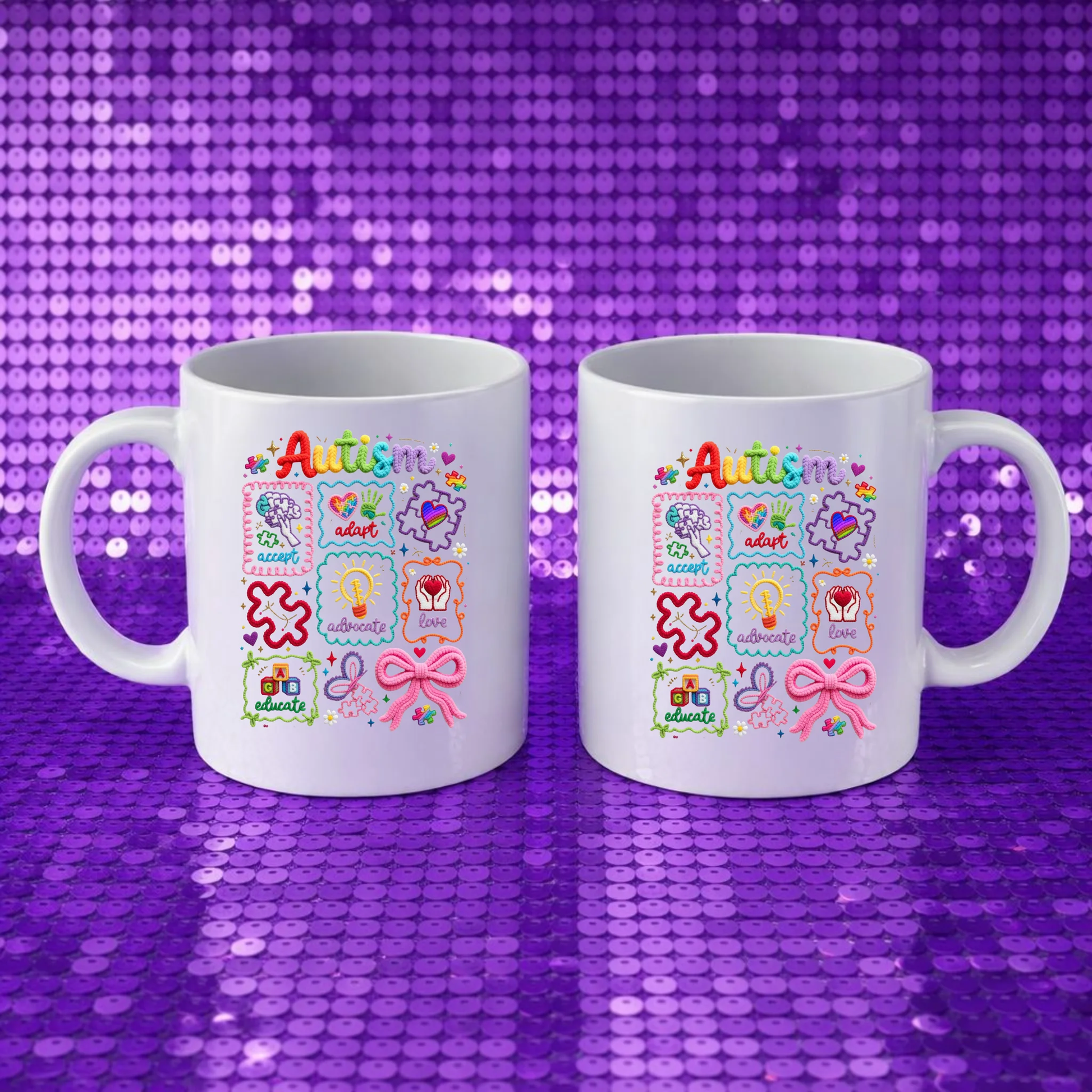 Autism floral/icons grid Autism Awareness Mug | Colorful Floral Autism Icons Gift | Autism Mom Teacher Therapist Mug 11oz 15oz [Your Continued Title] by Printify