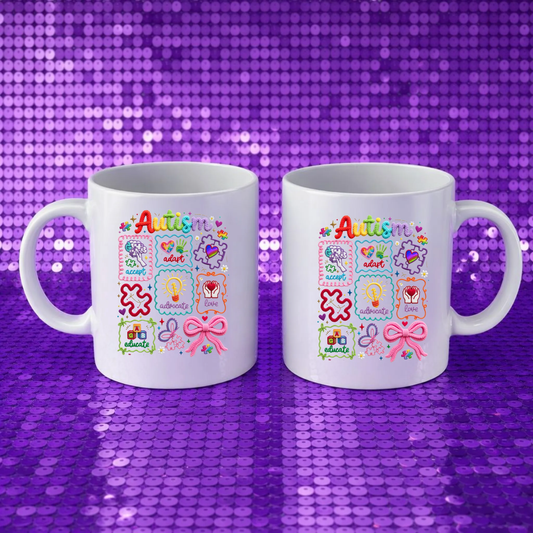 Autism floral/icons grid Autism Awareness Mug | Colorful Floral Autism Icons Gift | Autism Mom Teacher Therapist Mug 11oz 15oz [Your Continued Title] by Printify
