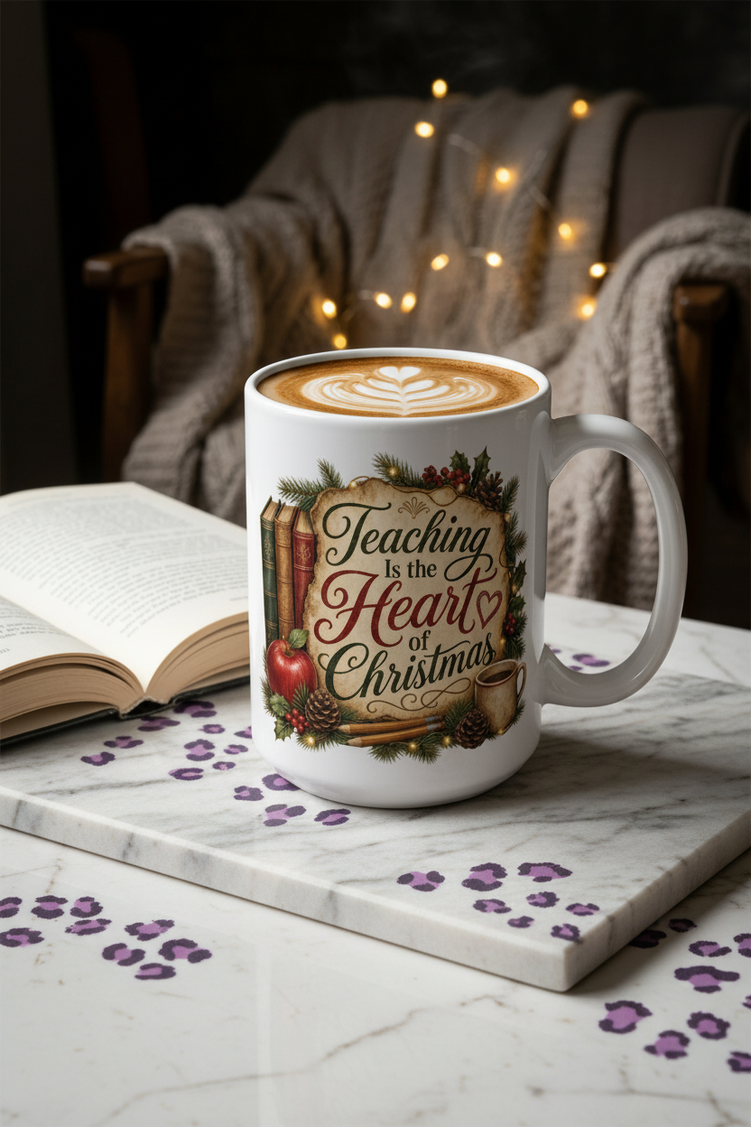 Teaching Is the Heart of Christmas Teacher Coffee Mug featuring the Teaching Is the Heart of Christmas design – close-up design detail