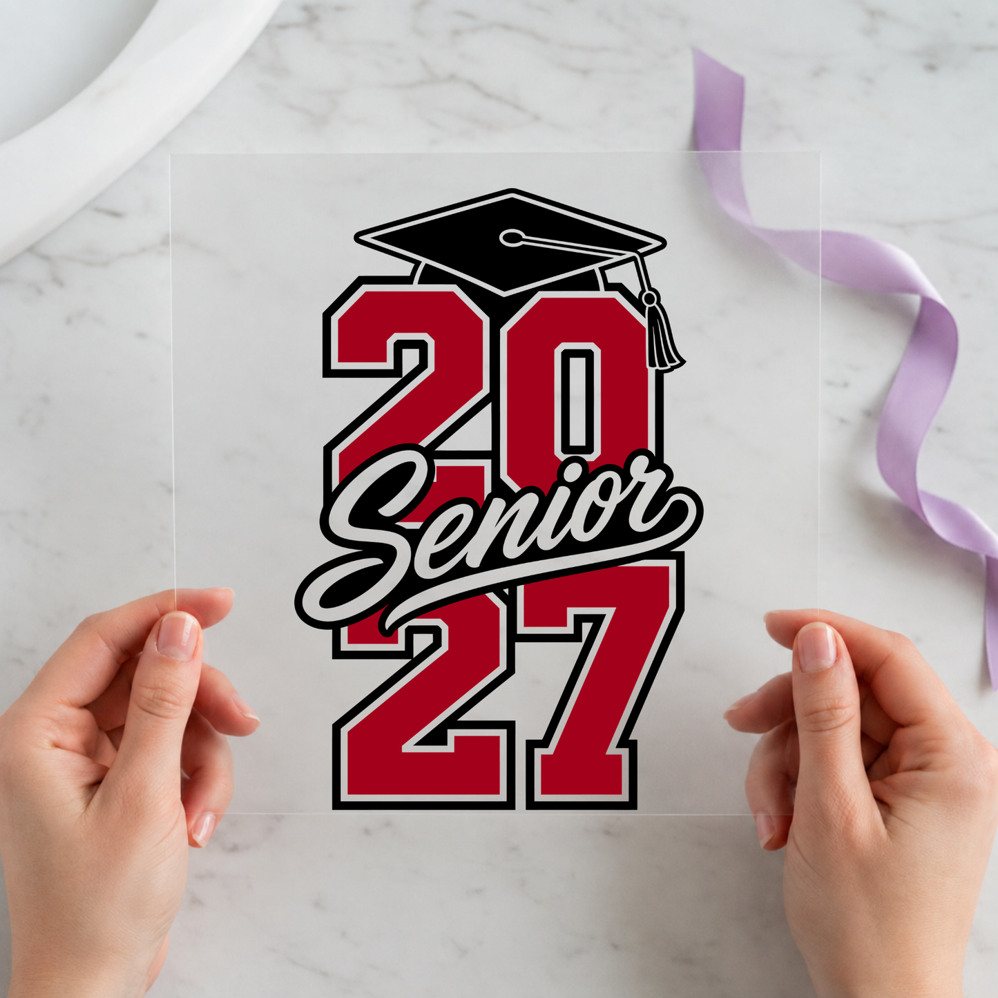 2027 Senior Graduation Cap Red Black featuring red and black 2027 numbers with Senior script and graduation cap on a 12x12 ready-to-press DTF heat transfer