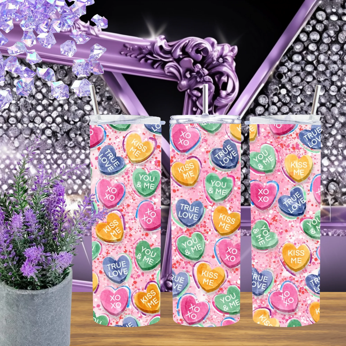 Candy Heart 20oz Tumbler Pink Glitter Love Quote Drinkware Valentine Gift For Her Sparkling Sweetheart Mug by Marie Gems