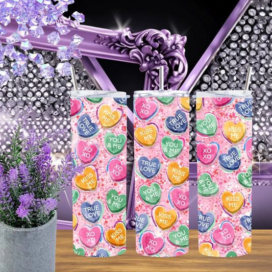 Candy Heart 20oz Tumbler Pink Glitter Love Quote Drinkware Valentine Gift For Her Sparkling Sweetheart Mug by Marie Gems