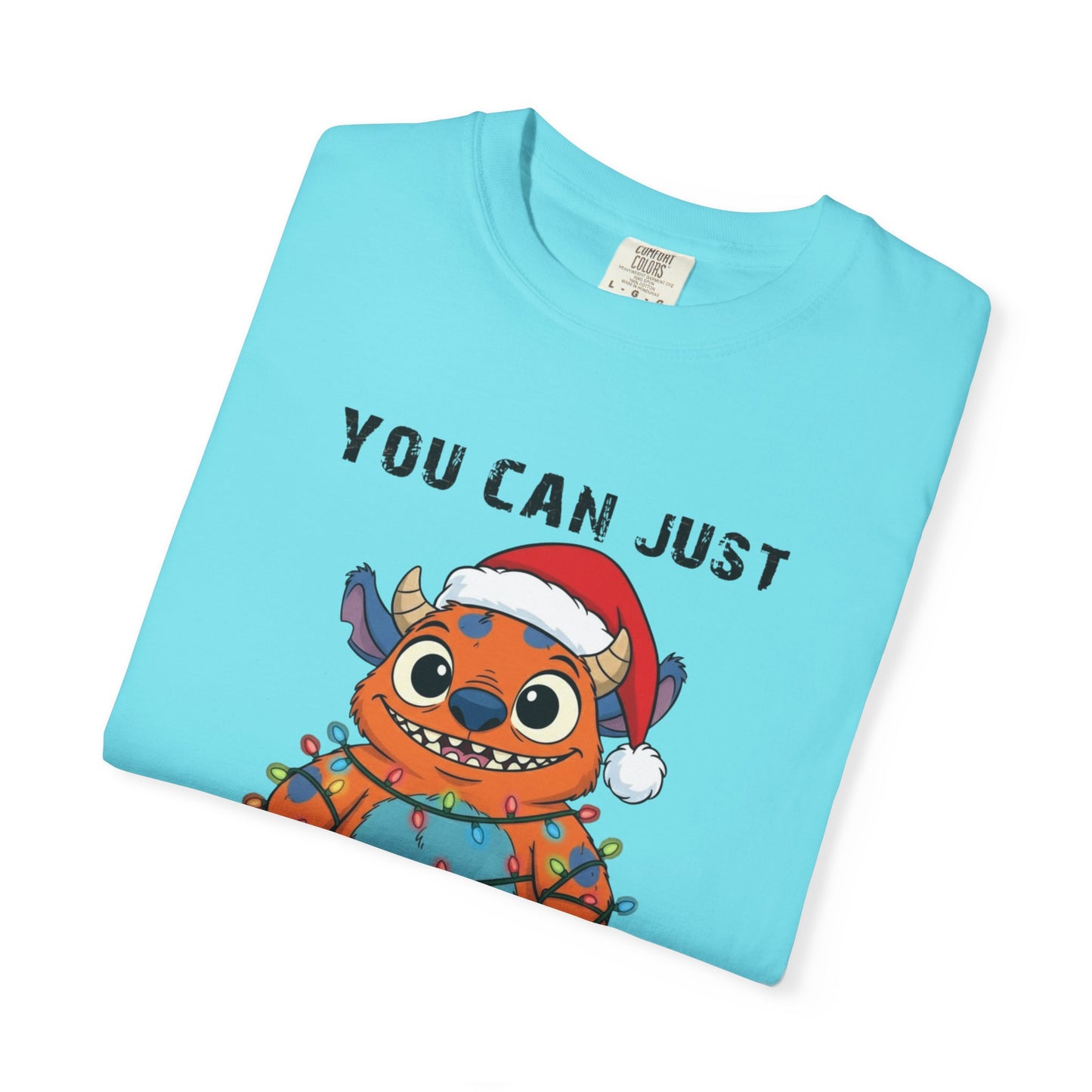 Funny Christmas Monster T-Shirt: Holiday Lights Alien Creature with Santa Hat | Adult & Kid Festive Gag Gift Tee