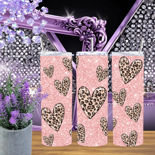 Pink Glitter Heart 20oz Tumbler Leopard Print Hearts Valentine Drinkware Gift For Her Romantic Glamour by Marie Gems