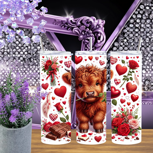 Highland Cow Heart 20oz Tumbler • Valentine Chocolate 30oz Cup • Red Rose Floral Drinkware • Cute Calf Romantic Gift • Whimsical Farmhouse Mug by Marie Gems