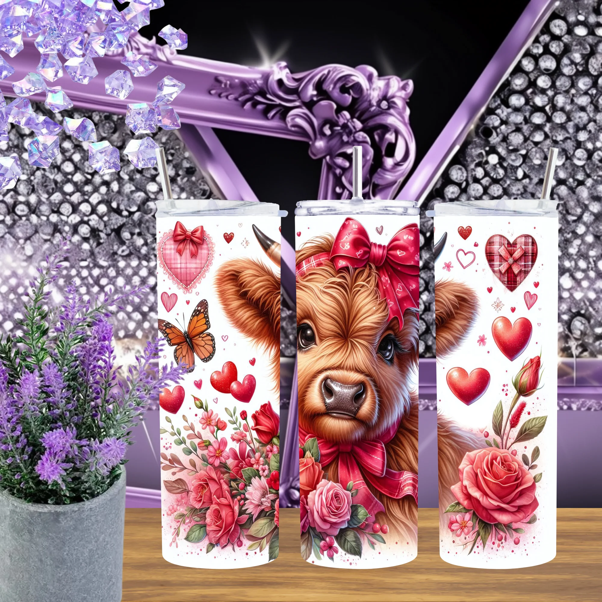 Sweetheart Cow 20oz Tumbler • Pink Bow 30oz Cup • Highland Calf Floral Drinkware • Valentine Gift for Her • Red Rose Aesthetic Mug by Marie Gems
