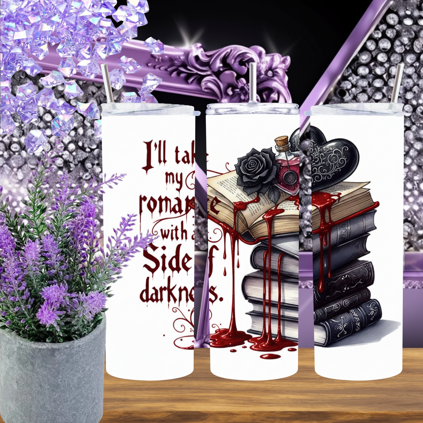 I'll Take My Romance with a Side of Darkness" 20oz Tumbler, Gothic Bookish Gift for Dark Romance Reader, Spooky Book Lover