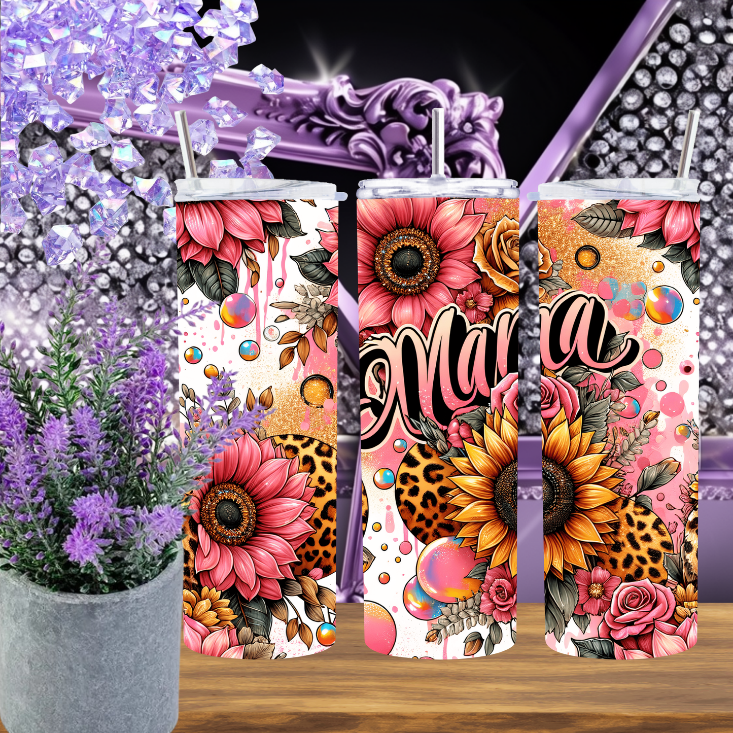 Mama Tumbler 20 oz – Leopard Sunflower Pink Floral Tumbler for Mom, Bold Skinny Cup with Lid & Straw, Mother’s Day Gift Idea