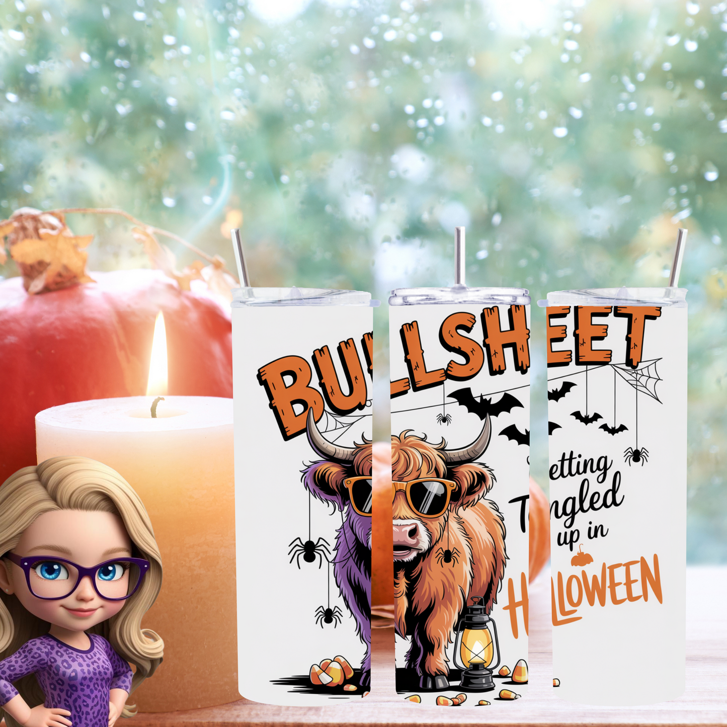 Bullsheet Highland Cow 20oz Skinny Tumbler, Tangled in Halloween, Funny Spooky Season Physical Tumbler for Cow Lovers