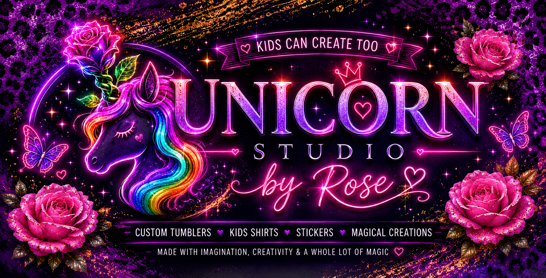 Neon glowing unicorn head with rainbow mane, roses, butterflies, and sparkles on a dark leopard print and gold glitter background