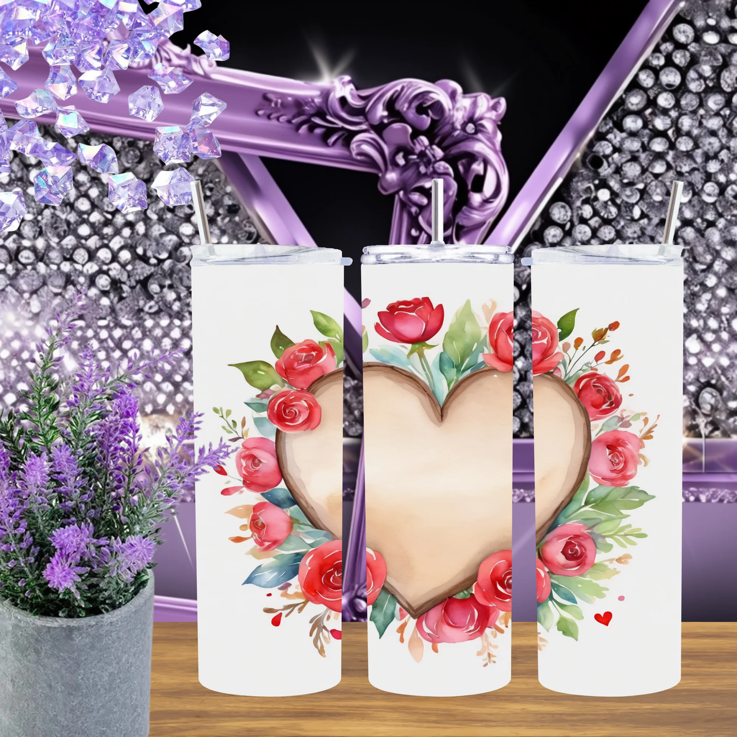 Rustic Wood Heart 20oz Tumbler With Watercolor Roses Boho Floral Drinkware Romantic Gift For Her by Marie Gems