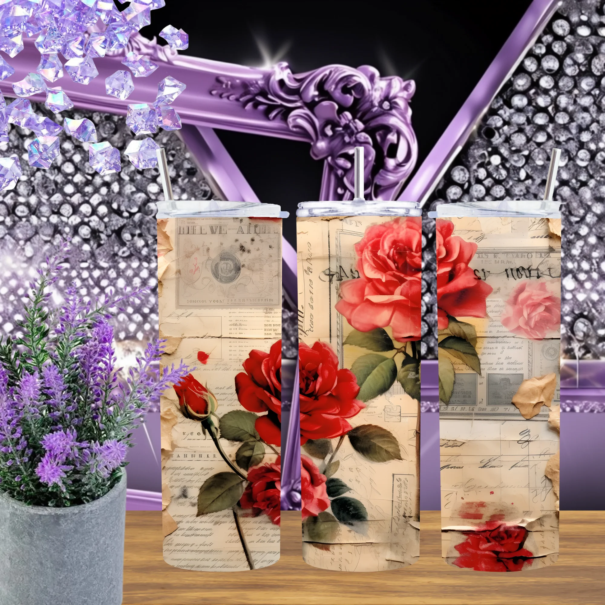 Vintage Newspaper Rose 20oz Tumbler Romantic Ephemera Gift Antique Floral Drinkware Retro Shabby Chic Mug by Marie Gems