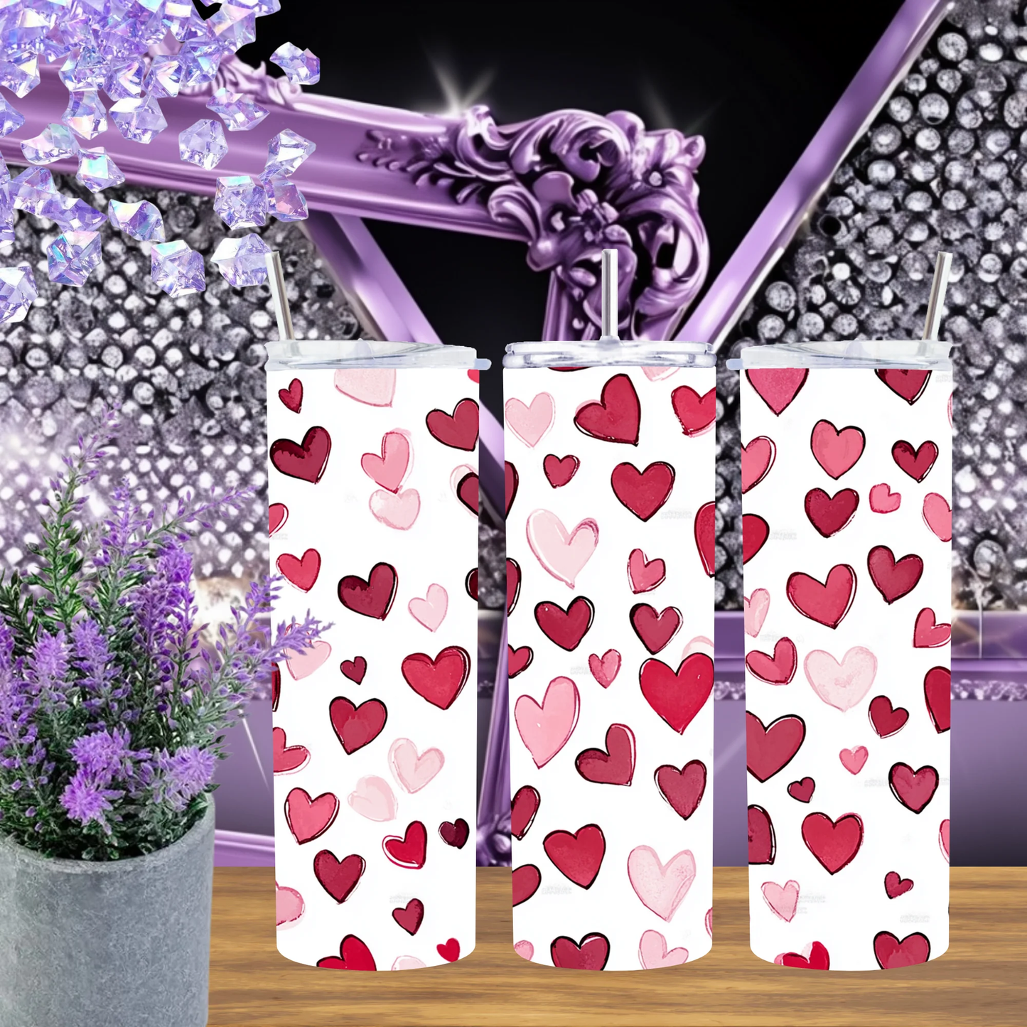 Watercolor Heart 20oz Tumbler and Scattered Pink 30oz Cup Minimalist Love Drinkware for Her Valentine Gift by Marie Gems