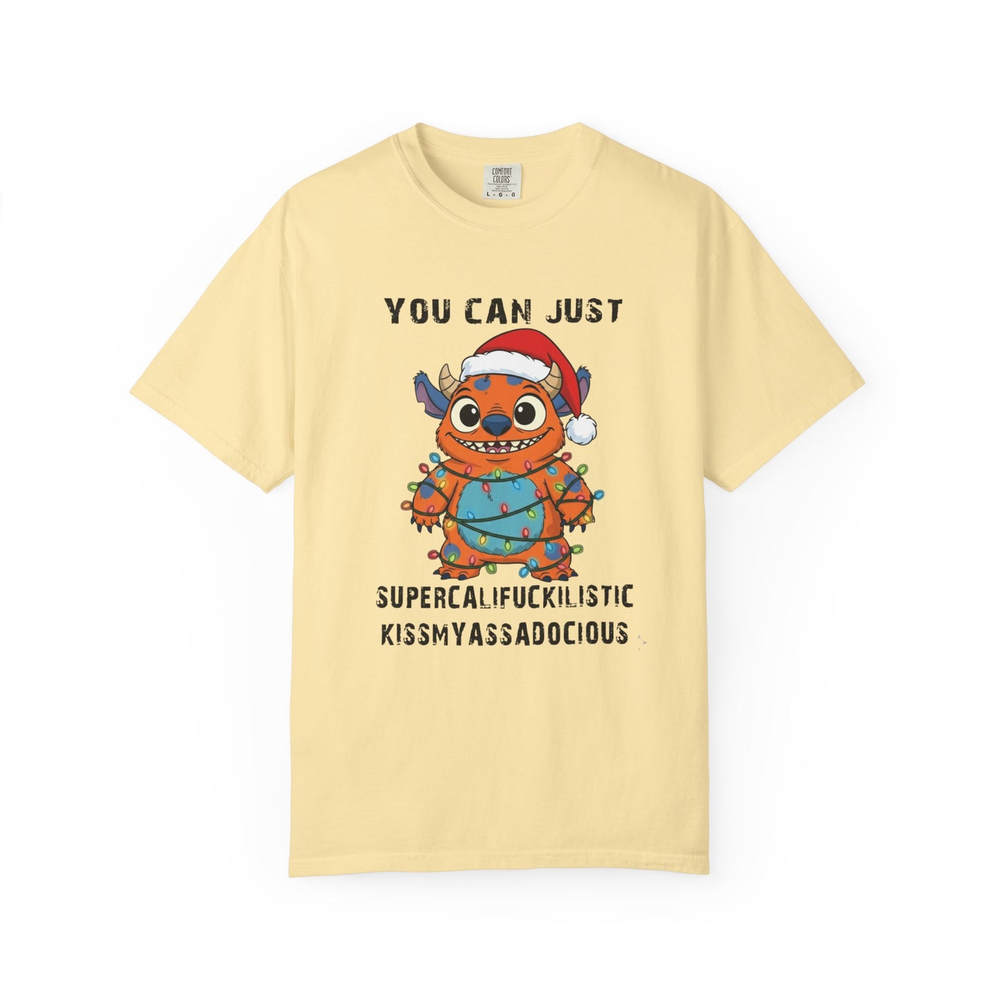 Funny Christmas Monster T-Shirt: Holiday Lights Alien Creature with Santa Hat | Adult & Kid Festive Gag Gift Tee