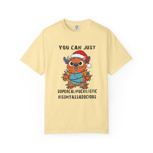 Funny Christmas Monster T-Shirt: Holiday Lights Alien Creature with Santa Hat | Adult & Kid Festive Gag Gift Tee