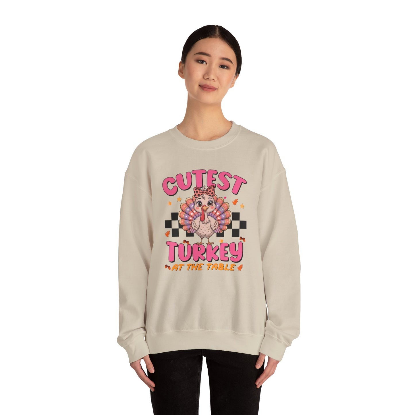 Chic Retro Turkey Thanksgiving Sweatshirt: Cutest At The Table – Cozy Crewneck in Purple, Pink, & More Colors for Holiday Family Gatherings