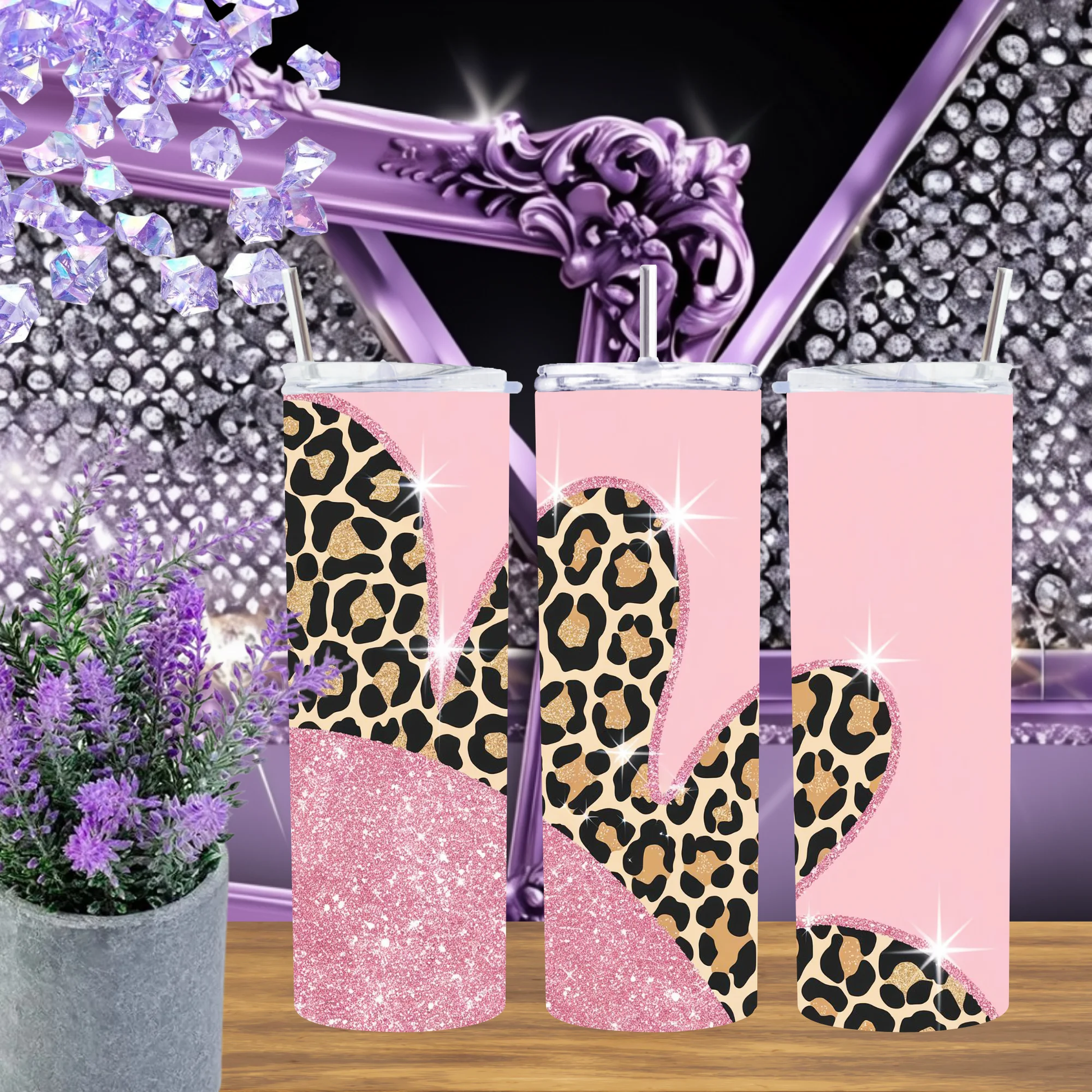 Pink Glitter Leopard 20oz Tumbler and Cheetah Heart 30oz Cup Set Featuring Sparkle Animal Print Drinkware for Her by Marie Gems