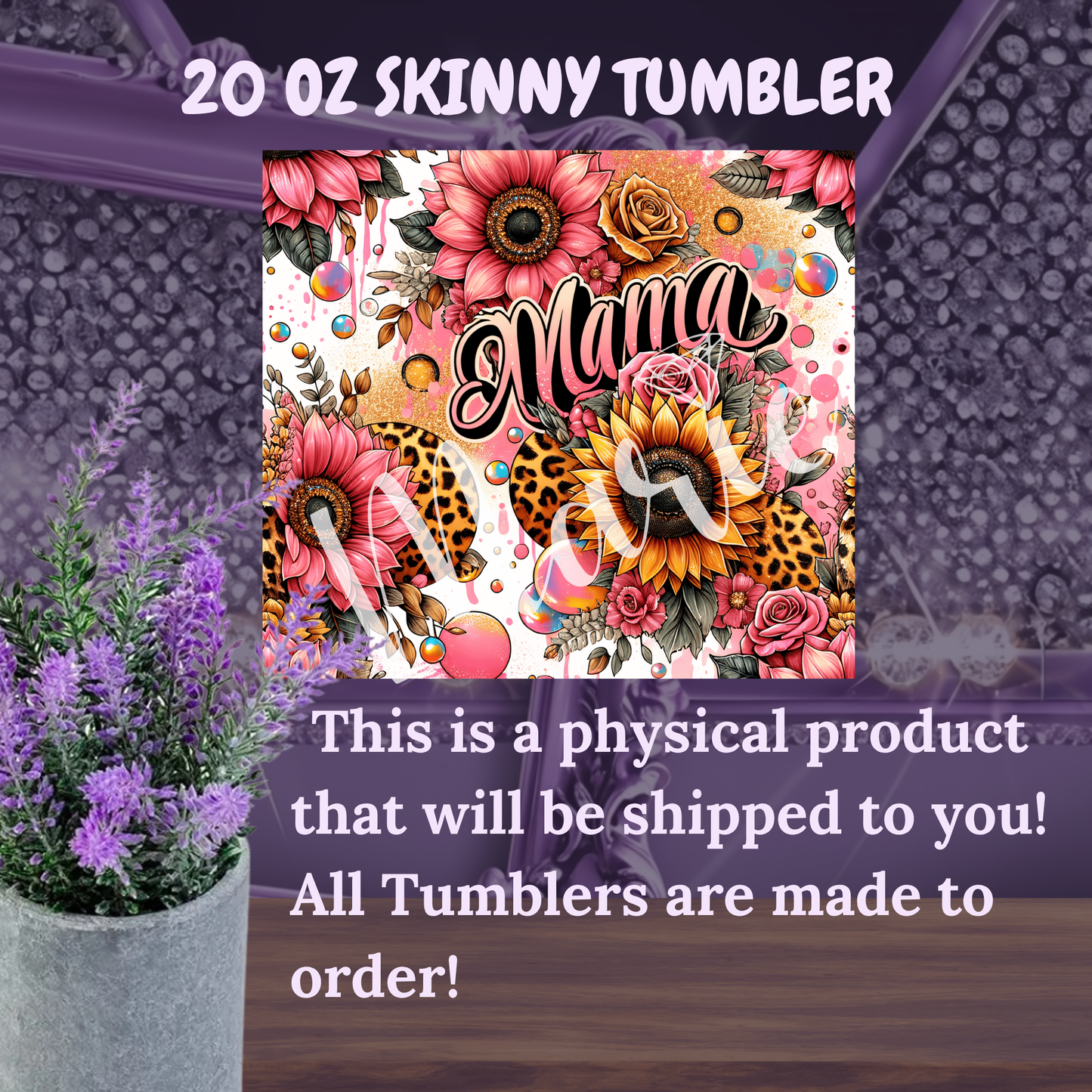 Mama Tumbler 20 oz – Leopard Sunflower Pink Floral Tumbler for Mom, Bold Skinny Cup with Lid & Straw, Mother’s Day Gift Idea