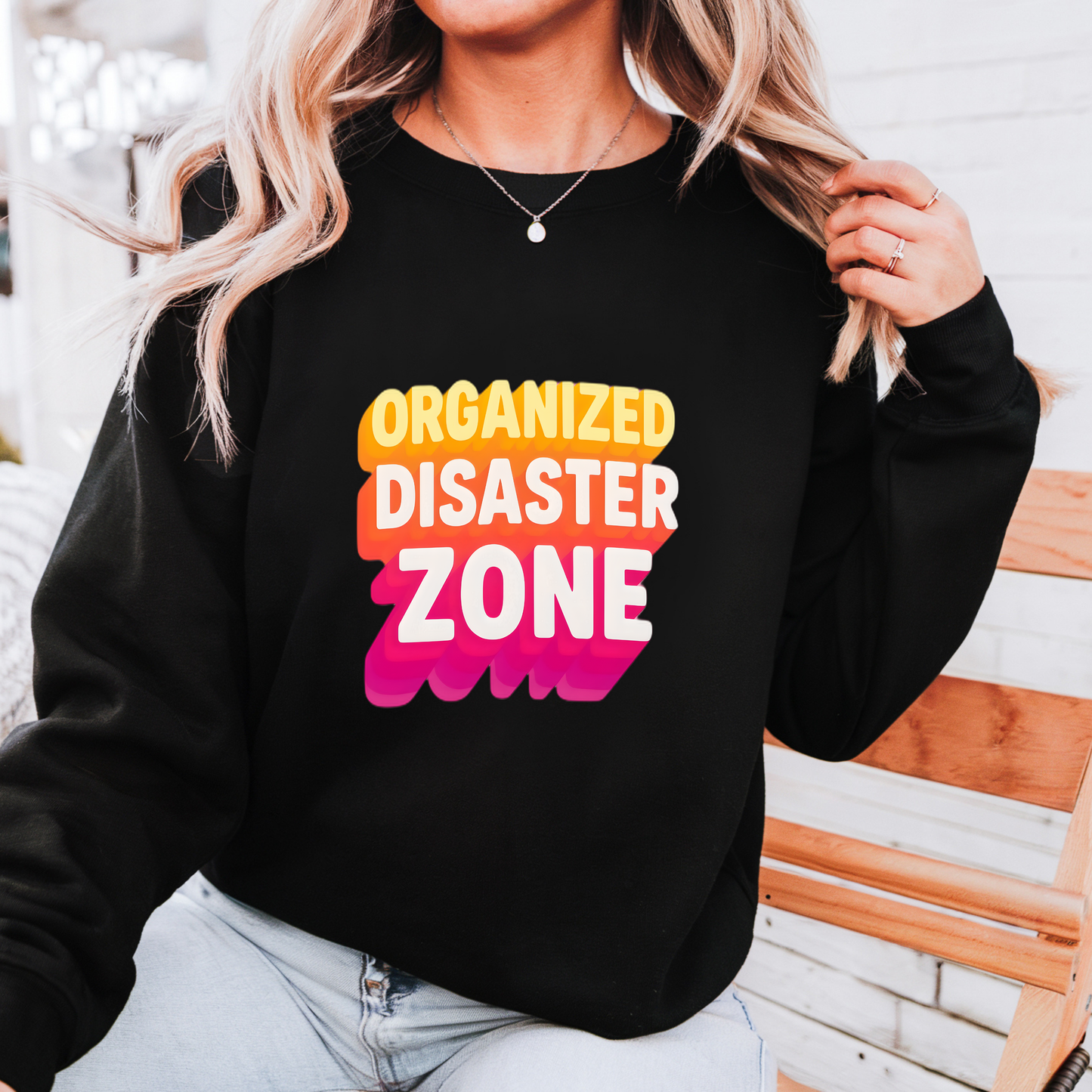 Organized Disaster Zone Funny Crewneck Sweatshirt, Chaotic Life Sweater, Sarcastic Mom Life, Humorous Gift for Her, Retro Style Sweater