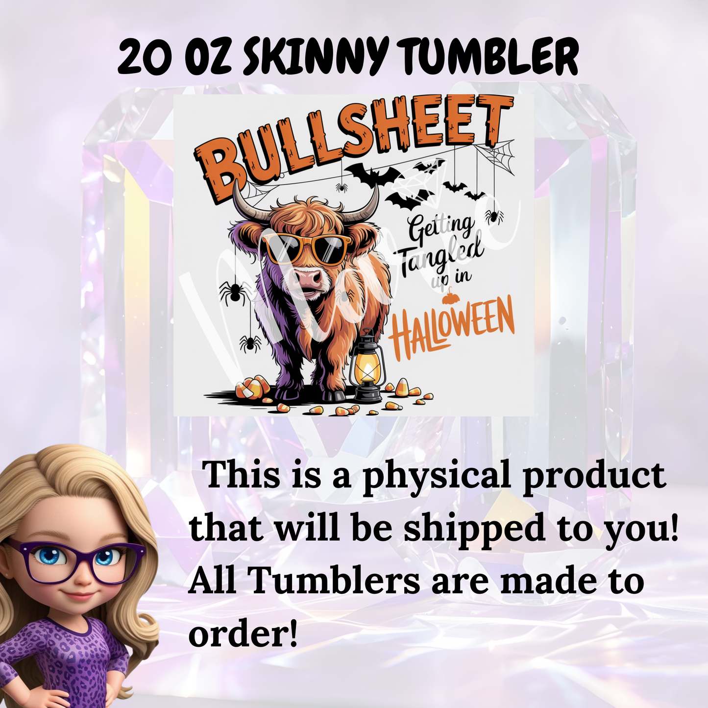 Bullsheet Highland Cow 20oz Skinny Tumbler, Tangled in Halloween, Funny Spooky Season Physical Tumbler for Cow Lovers