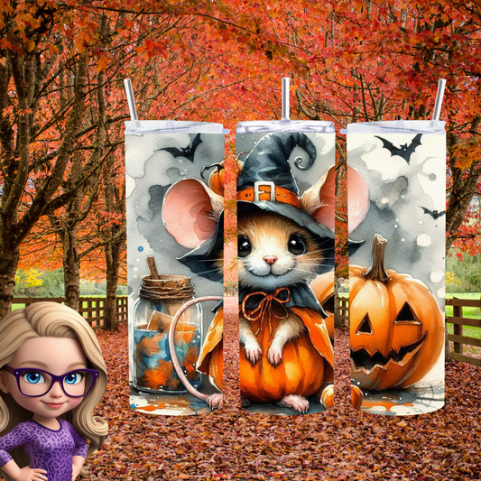 Adorable Halloween Mouse Tumbler – Insulated 20oz Skinny Cup with Pumpkin & Bat Motifs