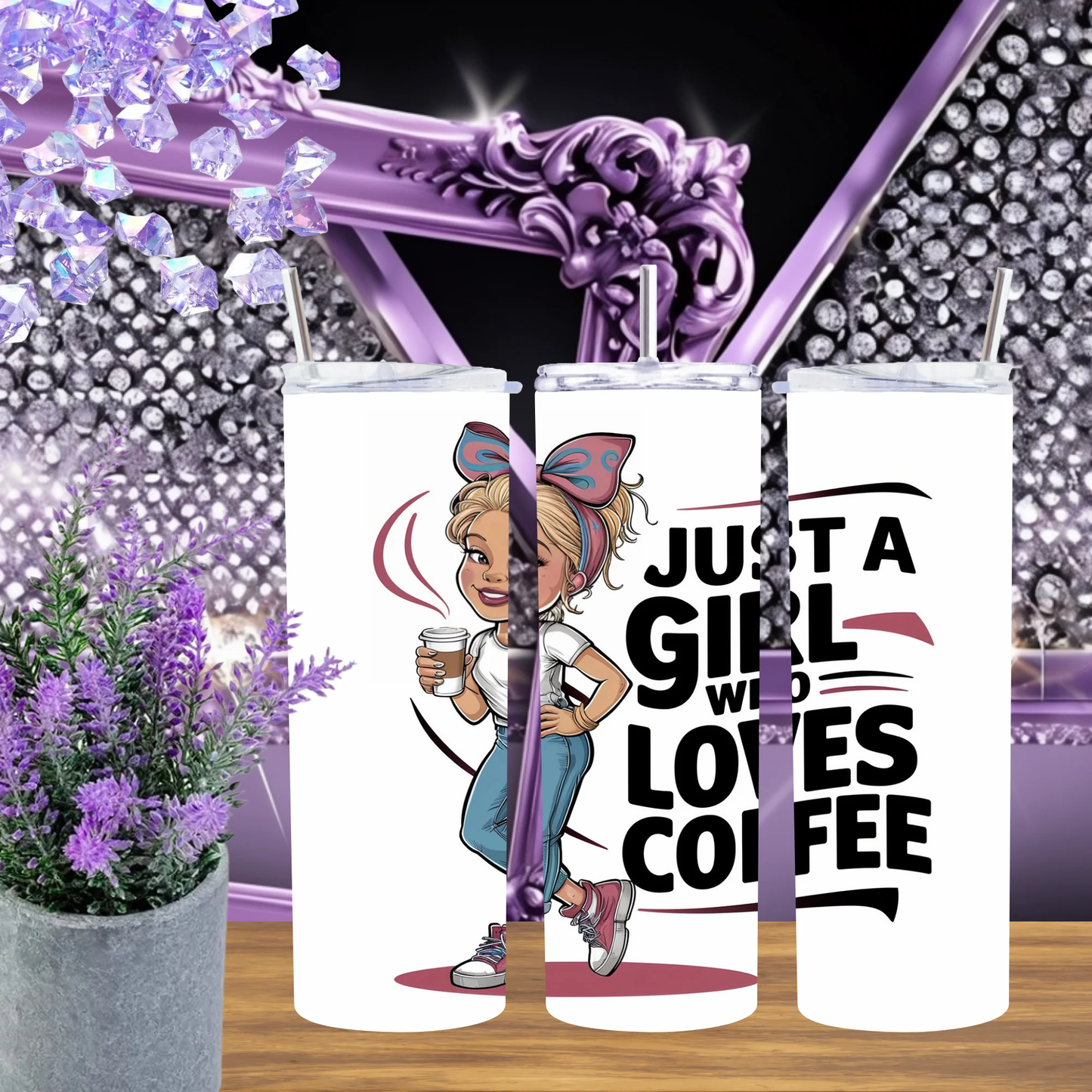 Just A Girl Who Loves Coffee 20oz Tumbler Cute Cartoon Gift For Her Coffee Lover Drinkware by Marie Gems