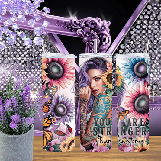 Stronger Than The Storm 20oz Tumbler Colorful Sunflowers Monarch Butterfly Design For Her Motivation Gift by Marie Gems