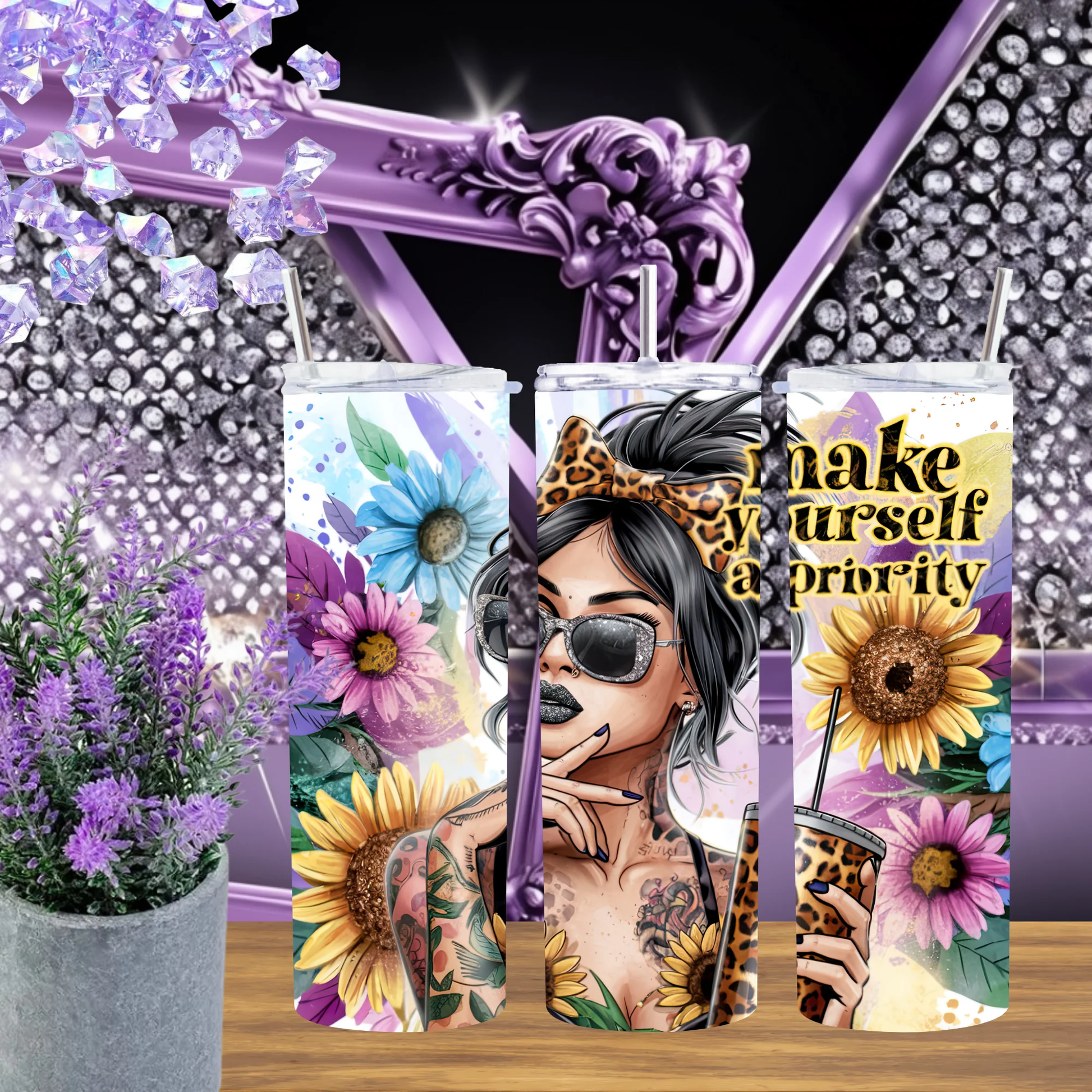 Make Yourself A Priority 20oz Tumbler Leopard Bow Sunflower Self Care Drinkware Mental Health Gift For Her by Marie Gems