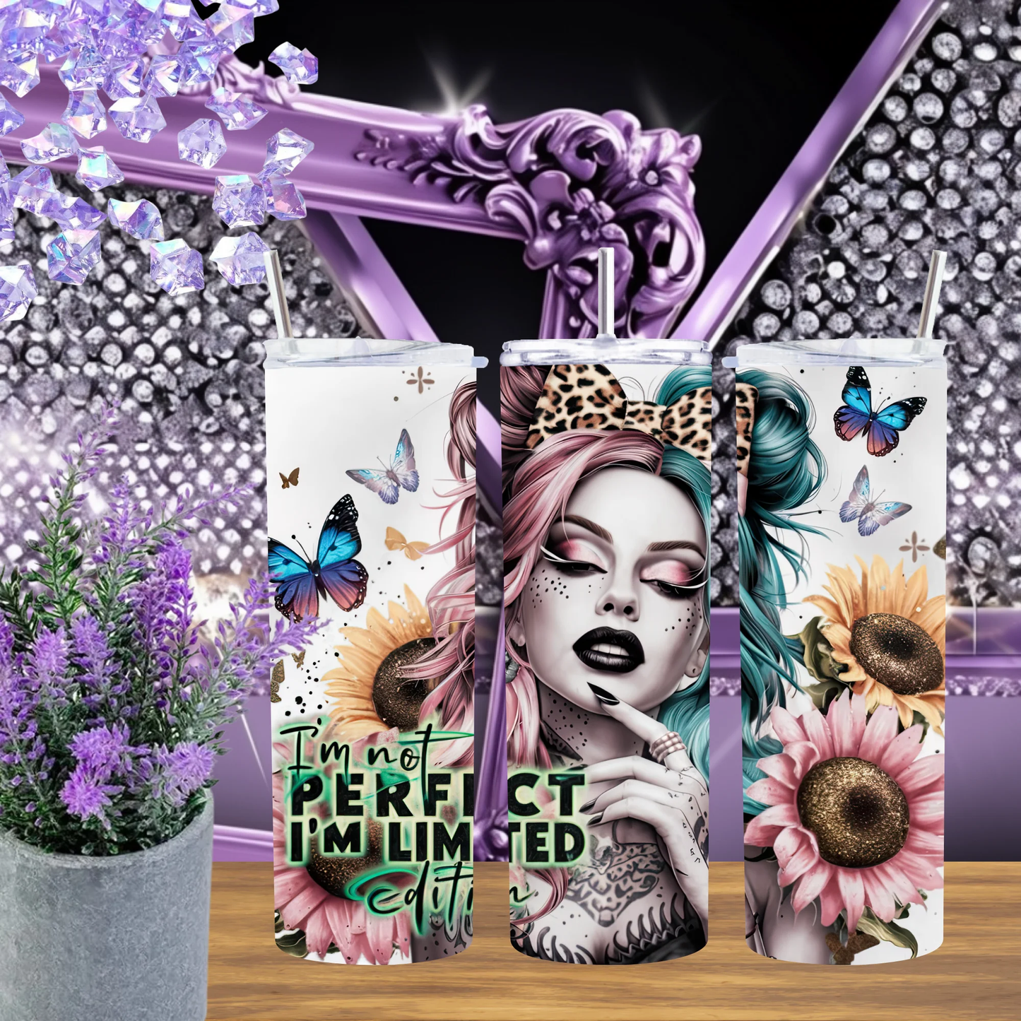 Limited Edition 20oz Tumbler • Pink Hair Girl 30oz Cup • Butterfly Sunflower Drinkware • Sarcastic Gift for Her • Edgy Portrait Mug by Marie Gems